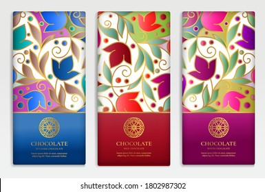 Colorful packaging design of chocolate bars. Vintage vector ornament template. Elegant, classic elements. Great for food, drink and other package types. Can be used for background and wallpaper.