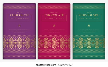 Colorful packaging design of chocolate bars. Vintage vector ornament template. Elegant, classic elements. Great for food, drink and other package types. Can be used for background and wallpaper.