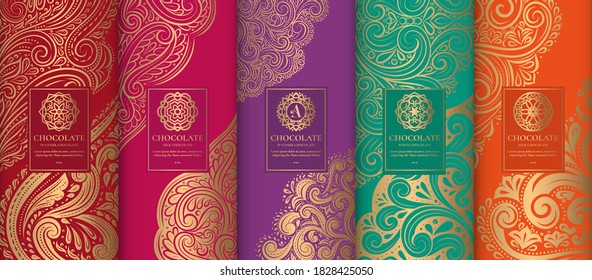 Colorido diseño de empaque de barras de chocolate. Plantilla de ornamento vectorial vintage. Elementos elegantes y clásicos. Ideal para comidas, bebidas y otros tipos de paquetes. Se puede usar para fondo y fondo de pantalla.