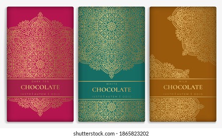 Colorful packaging design of chocolate bars. Vintage vector ornament template. Elegant, classic elements. Great for food, drink and other package types. Can be used for background and wallpaper.