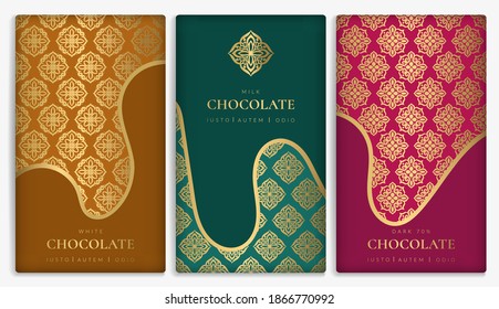 Colorful packaging design of chocolate bars. Vintage vector ornament template. Elegant, classic elements. Great for food, drink and other package types. Can be used for background and wallpaper.