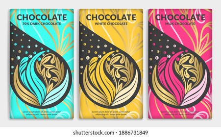 Colorful packaging design of chocolate bars. Vintage vector ornament template. Elegant, classic elements. Great for food, drink and other package types. Can be used for background and wallpaper.