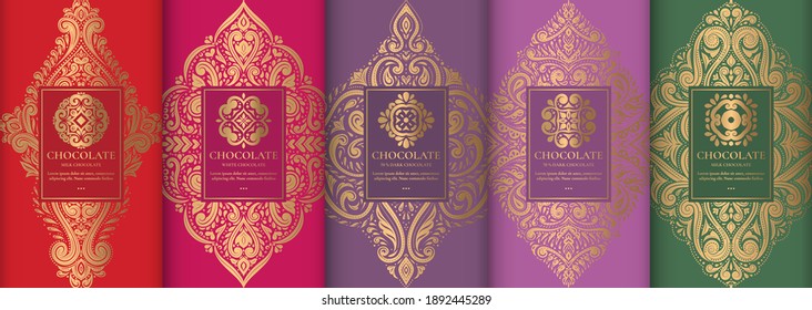 Colorful packaging design of chocolate bars. Vintage vector ornament template. Elegant, classic elements. Great for food, drink and other package types. Can be used for background and wallpaper.