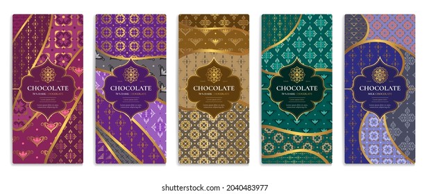 Colorido diseño de empaque de barras de chocolate. Plantilla de ornamento vectorial vintage. Elementos elegantes y clásicos. Ideal para comidas, bebidas y otros paquetes. Se puede usar para fondo y fondo de pantalla.