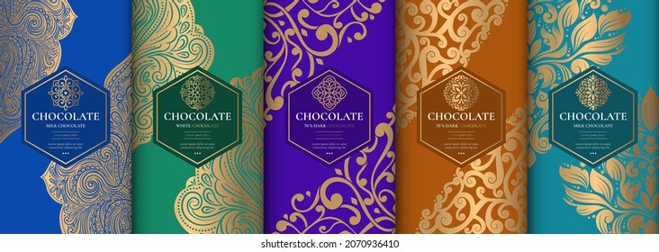 Colorful packaging design of chocolate bars. Vintage vector ornament template. Elegant, classic elements. Great for food, drink and other package types. Can be used for background and wallpaper.