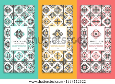 Colorful packaging design of chocolate bars. Vintage vector ornament template. Elegant, classic elements. Great for food, drink and other package types. Can be used for background and wallpaper.