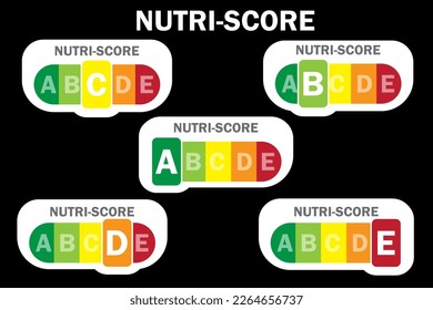 colorful packaging with nutri score. Set of different highlighted letters.Vector illustration.