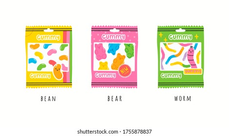 Colorful Packs of fruity and tasty Sweets. Various Gummy and Jelly candies. Bears, Worms, Beans. Hand drawn Vector set. Trendy illustrations. Cartoon style. All elements are isolated