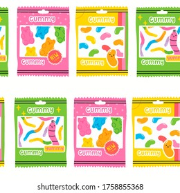 Paquetes coloridos de fruta y dulces sabrosos. Varios dulces de Gummy y Jelly. Osos, Hierbas, Judías. Patrón sin soldadura de vectores dibujado a mano. Ilustración de moda. Fondo de escritorio