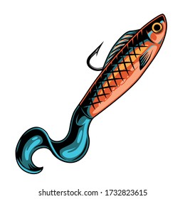 Colorful paddle tail fishing bait concept with hook in vintage style isolated vector illustration