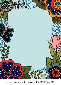 Colorful Page with Floral Border of Polka Dots and Butterflies
