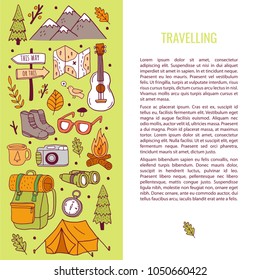 Colorful  page with hand drawn travel doodle.