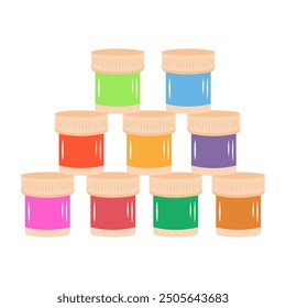 Colorful paint bottles. Dye pots, acrylic jars, gouache cans. Materials for drawing. Painting tools for art class. Supplies for artist. Vector illustration isolated on a white background.