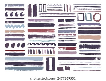 Colorful paint brush stroke elements. Abstract hand drawn brushes. Creative rough stroke bundle. Lines, circle, square, and wavy shapes painting graphic template.