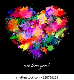 Colorful paint, color splash art heart shape, vector illustration.