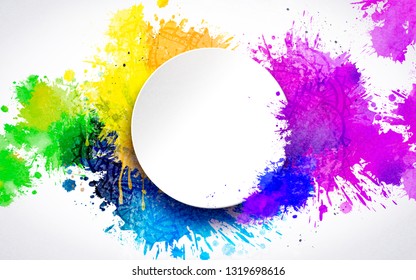 Colorful paint drops and blank round plate background