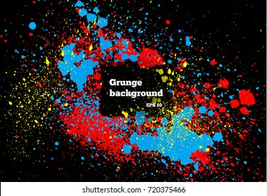 Colorful paint, ink brush strokes, brushes ink droplets, blots. Dirty artistic design elements, boxes, frames. Grunge frame with space for your text or image. Template space for your text or image.