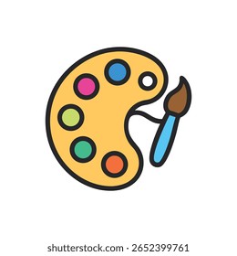 A colorful paint palette with a brush. The style is flat and the composition is simple.