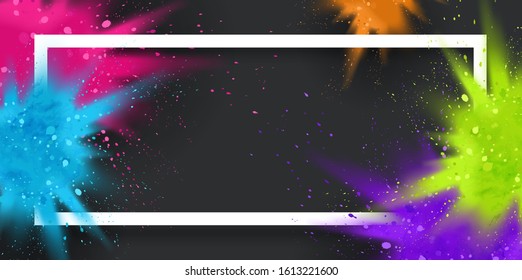 colorful paint powder splash banner background frame illustration for holi celebration, festival, dj event