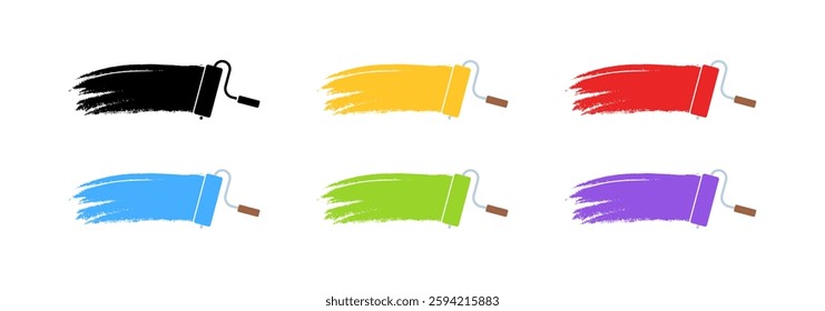 Colorful paint rollers with brush strokes in black, yellow, red, blue, green, and purple. Vector icon