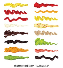 Colorful paint smudge vector illustration set. Ink drops, blots and leak frame. Decorative collection isolated on white background. Ketchup, sauce, cream, mousse, cocktail, chocolate texture.