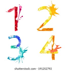Colorful paint splash alphabet figures 1,2,3,4 - Stock Illustration