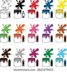 Colorful Paint Splash and Paint Can Icon Collection with Spray Paint Bottles
