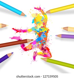 colorful paint splash girl jumping with color pencils. vector design