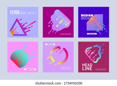 Colorful paint splash shape flyer template set. Abstract geometric background with dynamic liquid motion on square, circle and triangle, modern brochure collection - vector illustration