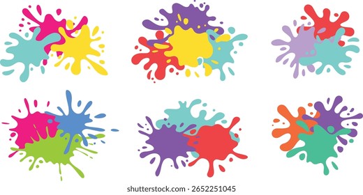 Colorful paint splashes. Color splash combinations, overlapping blots shapes, abstract ink splatter and liquid inkblots mix. Hand drawn paint drip spots vector set.
