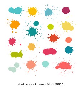 Colorful paint splashes and drops. Abstract watercolor splatters. Isolated vector illustration on white background 