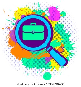 Colorful paint splashes with emblem of agnifying glass with flat portfolio briefcase icon on white background