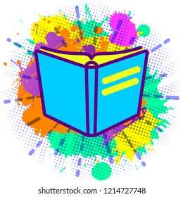 Colorful paint splashes with emblem of flat lay modern pastel colored open book on white background