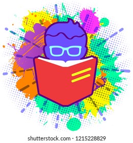 Colorful paint splashes with emblem of flat lay modern pastel colored book reader on white background