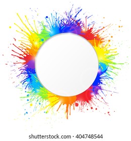 Colorful paint splashes frame with round cutout for text. Vector illustration.