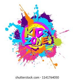 Colorful paint splashes with Kids zone emblem for children playground for play and fun