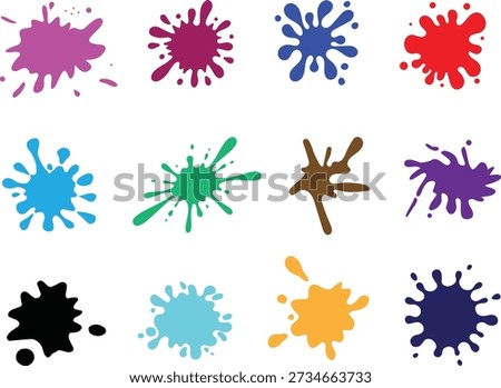 Colorful Paint Splat and Ink Splash Icon Set. Vibrant Multi-Colored Liquid Droplets and Artistic Blots Isolated on White Background.