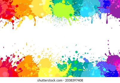 Colorful Paint Splatter Background, Painted Rainbow Splashes. Colored Watercolor Splash, Abstract Color Spray Paints Explosion Vector Banner. Space For Text With Stains Border Or Frame