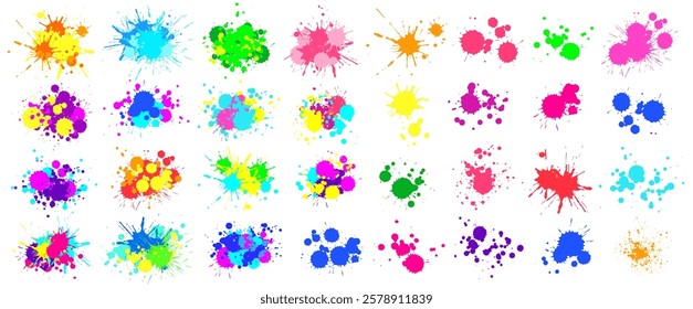 Colorful paint splatters creating a vibrant and artistic mess on a white background, perfect for adding a touch of creativity and energy to any project