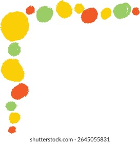 Colorful paint splatters form a corner frame in a rough, textured style. Circular shapes create a vibrant border with a dynamic, artistic look. Cartoon vector illustration.