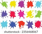 Colorful paint splatters. Round splash flat collection, decorative shapes liquids. Different splashes blobs and drops, cartoon spatters. Stain colored ink collection. Isolated vector illustration