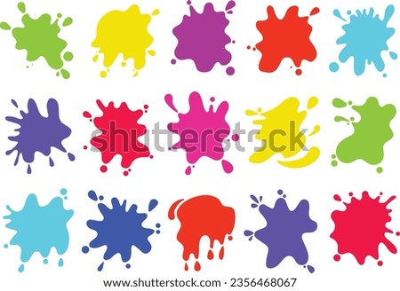 Colorful paint splatters. Round splash flat collection, decorative shapes liquids. Different splashes blobs and drops, cartoon spatters. Stain colored ink collection. Isolated vector illustration