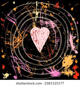 Colorful paint splatters vector poster with pink doodle heart on black with spiral shape, abstract textured background 