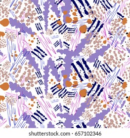 Colorful paint strokes. Pattern with spots and blobs of paint or ink. Vector hand drawn camouflage textures. Seamless abstract background.