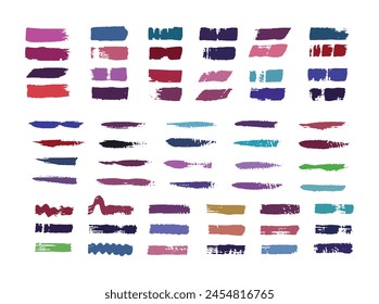 Colorful paint texture brush strokes bundle. Abstract grunge lines and blocks shape graphic element set. Artistic brushes pack.