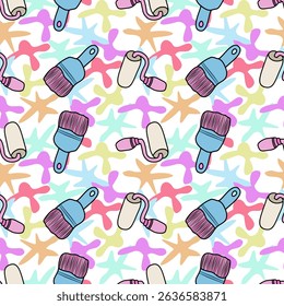 Colorful paint tools pattern on white background