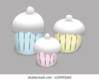 colorful painted cupcakes to creamy caps on a gray background