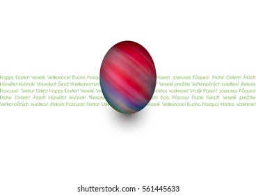 Colorful painted Easter egg, resurrection holiday background greeting card with Happy Easter! in many languages, with copy space for text