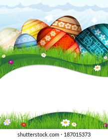 Colorful painted Easter eggs with abstract pattern  in the meadow. Abstract Easter background