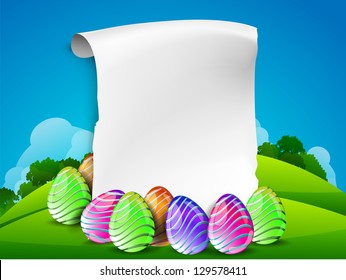 Colorful painted easter eggs with blank banner for Happy Easter.